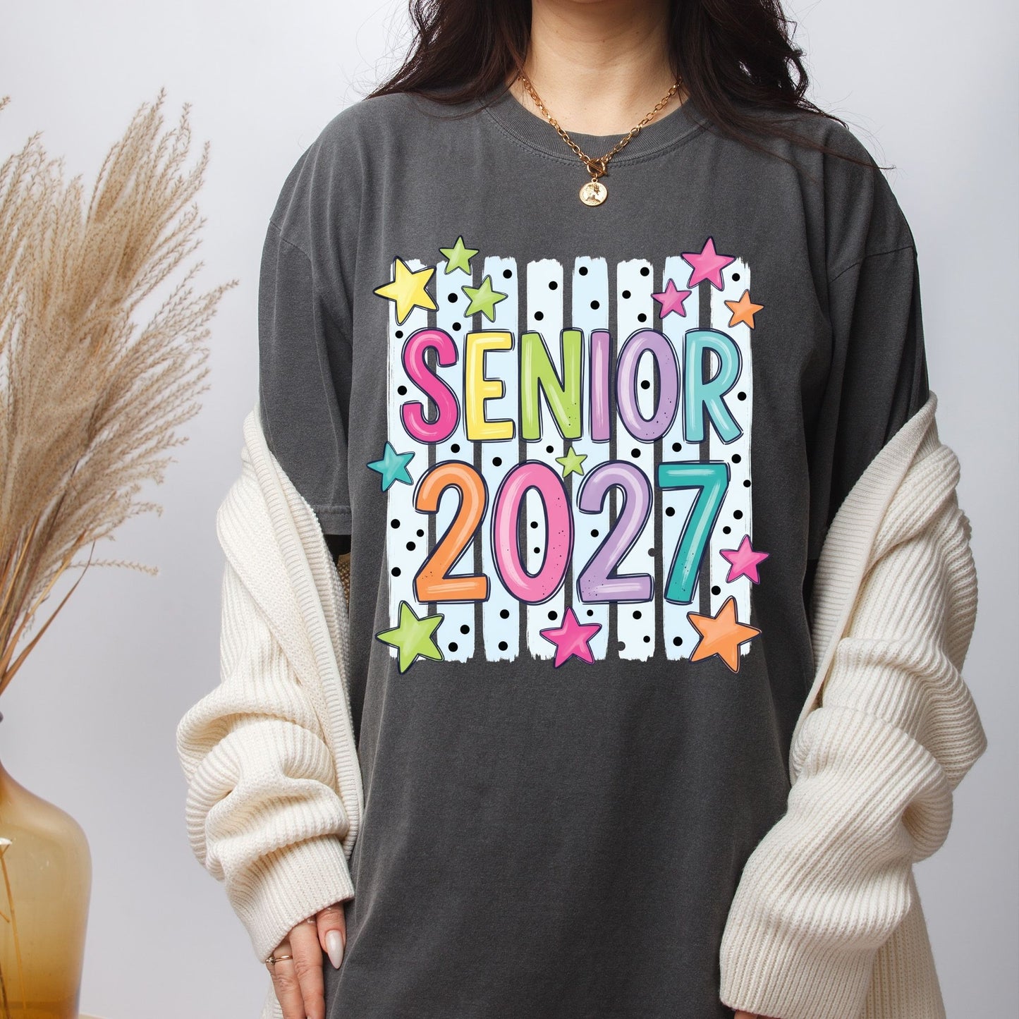 Senior 2027 DTF Transfer Ready to Press Graduation Heat Transfer for Shirts Colorful Pastels Bubble Letters Stars Stripes Tee