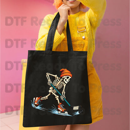 Hockey DTF Transfer, Skeleton in Beanie with Skates, Stick and Puck Graphic