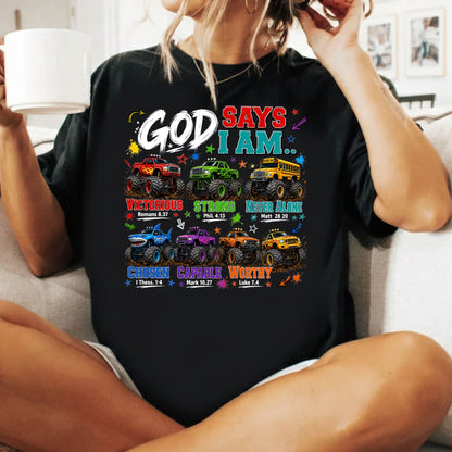 God Says I Am Monster Trucks Christian T-Shirt, Bible Verse Kids Religious Graphic Tee