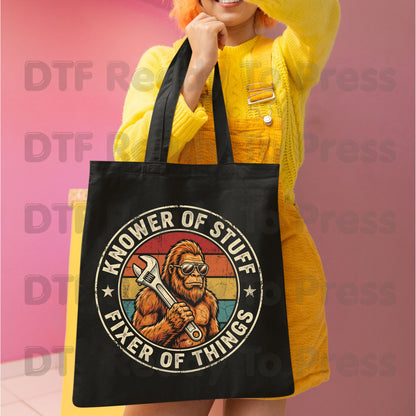 Funny Bigfoot DTF Transfers, Knower of Stuff Fixer of Things Retro Sasquatch Wrench Sunglasses Dad Handyman Ready to Press