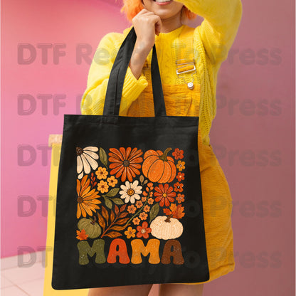 Mama Fall Floral Pumpkins DTF Transfers, Retro Groovy Autumn Flowers Thanksgiving Ready to Press