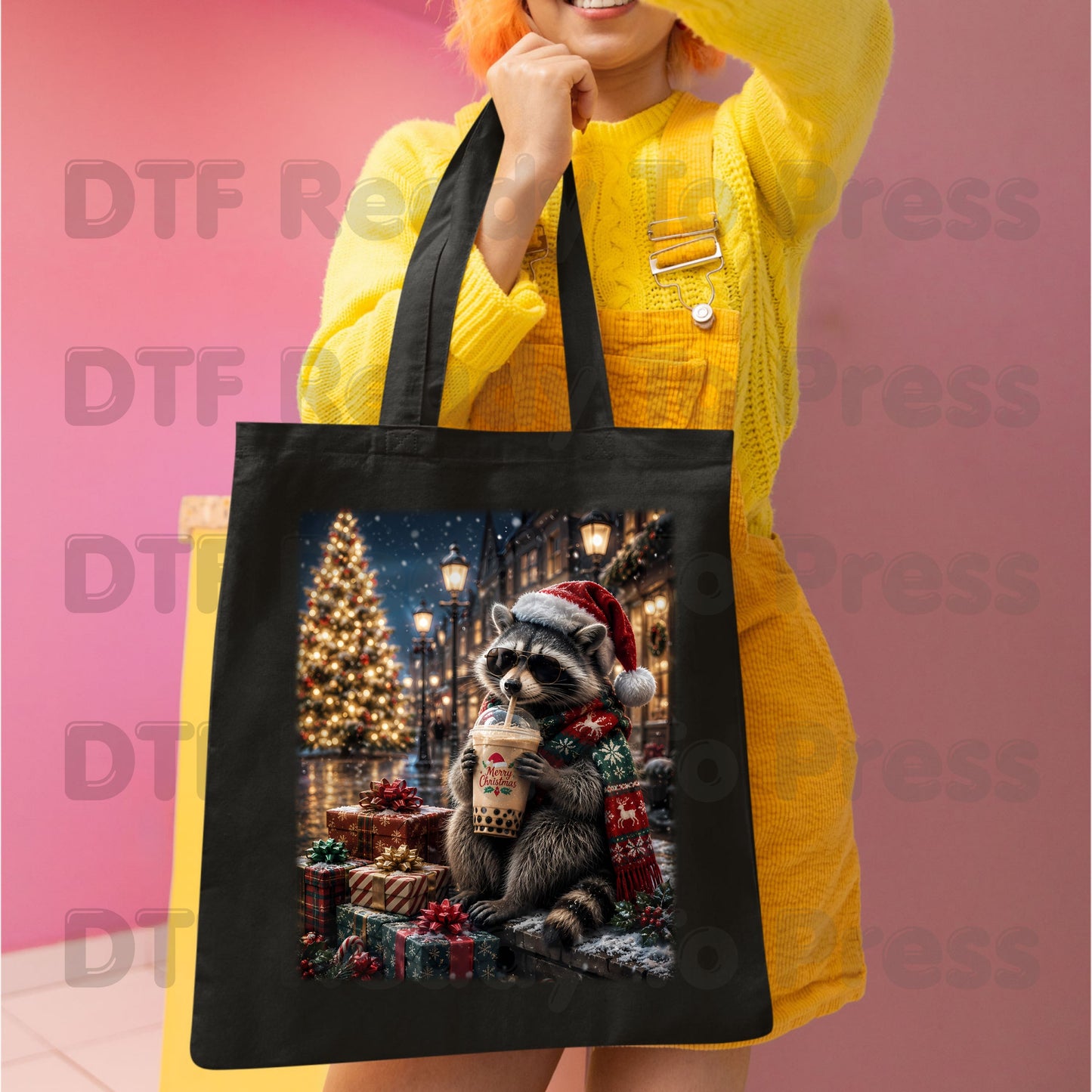 Christmas Raccoon DTF Transfers, Santa Hat Coffee Drink Cute Holiday Winter Ready to Press