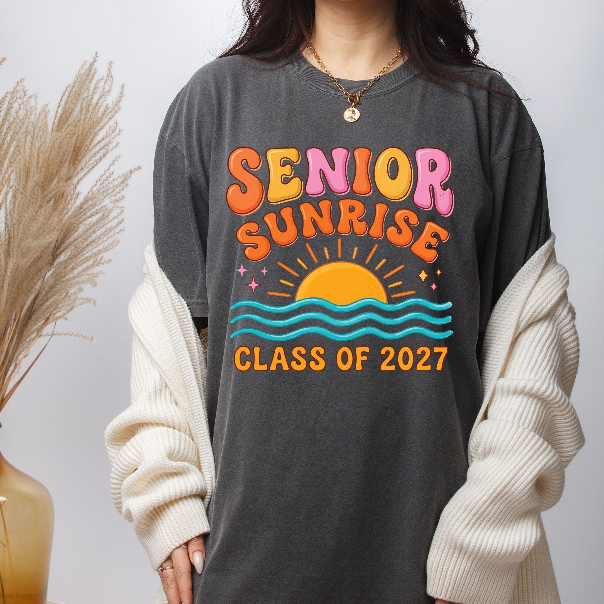 Senior Sunrise Class of 2027 DTF Transfer Ready to Press Graduation Heat Transfer for Shirts Retro Sun Waves Bubble Font Tee