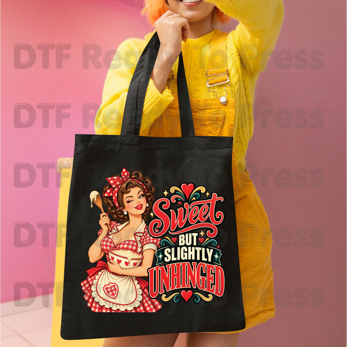 Retro DTF Transfer, Sweet but Slightly Unhinged Pinup Girl Baking Graphic