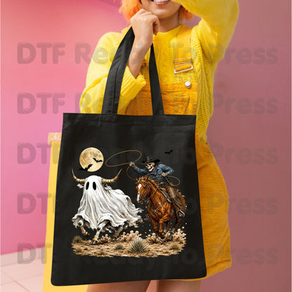Halloween DTF Transfers, Skeleton Cowboy Ghost Bull Lasso Western Spooky Rodeo Ready to Press