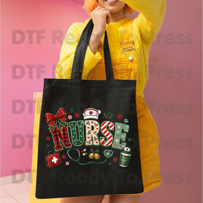 Christmas Nurse DTF Transfers, Medical Nursing Plaid Stethoscope Bow Holiday Ready to Press