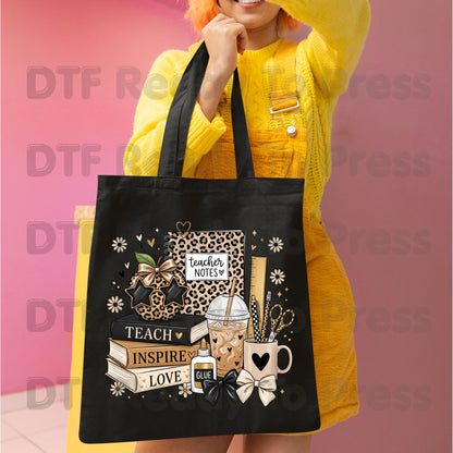 Teach Inspire Love Leopard Teacher DTF Transfers, Notebook Coffee Iced Drink Ready to Press