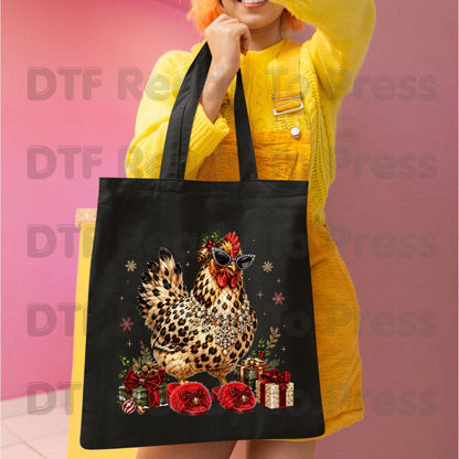 Funny Chicken DTF Transfers, Leopard Print Sunglasses Red Slippers Christmas Holiday Ready to Press