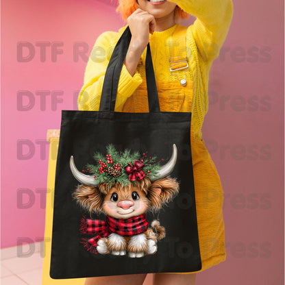 Baby Highland Cow DTF Transfers, Plaid Scarf Cute Christmas Holiday Ready to Press