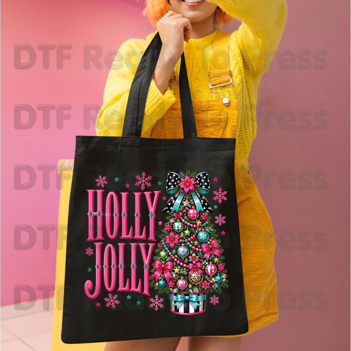Christmas DTF Transfer, Holly Jolly Pink Christmas Tree, Bow and Snowflakes