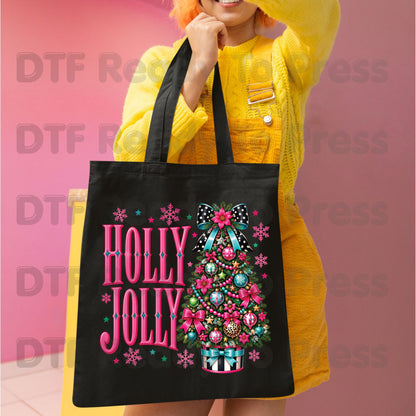 Christmas DTF Transfer, Holly Jolly Pink Christmas Tree, Bow and Snowflakes