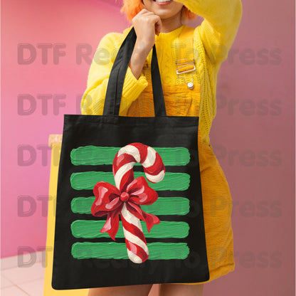 Candy Cane DTF Transfers, Red Bow Green Striped Background Vintage Christmas Holiday Ready to Press