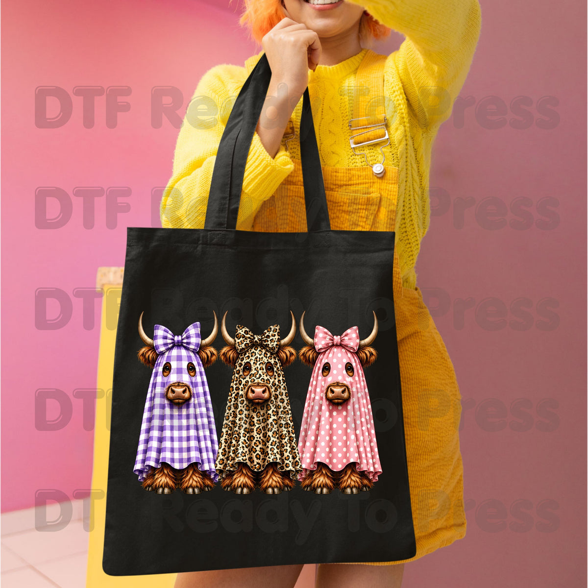 Highland Cow Ghost DTF Transfers, Halloween Spooky Cow Leopard Polka Dot Bow Ready to Press
