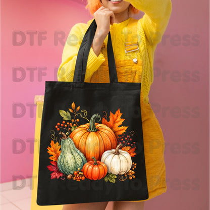 Fall Pumpkin DTF Transfer, Watercolor Harvest Gourd and Leaves Ready to Press