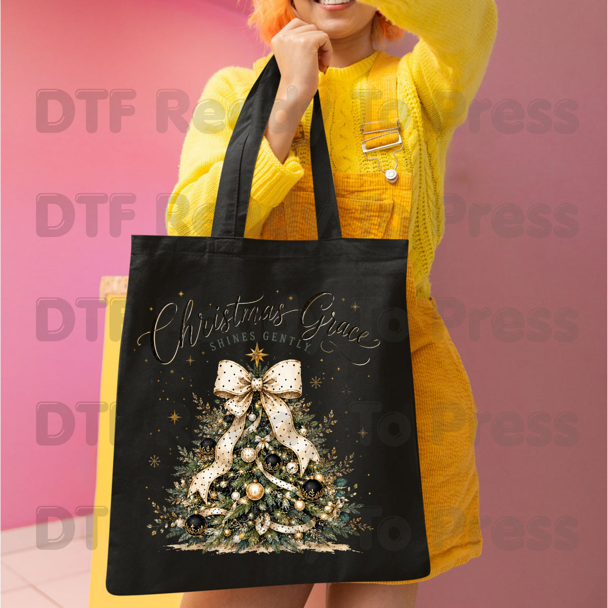 Grace Shines Gently Christmas DTF Transfers, Tree Gold Ribbon Elegant Holiday Ready to Press