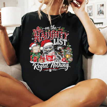 Naughty List Cat T-Shirt, Funny Christmas Black Cat Santa Hat Tee, Holiday Sweatshirt