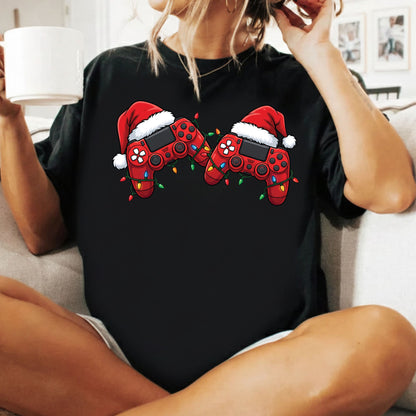 Christmas Gaming T-Shirt, Video Game Controller Santa Hat Holiday Lights Graphic Tee