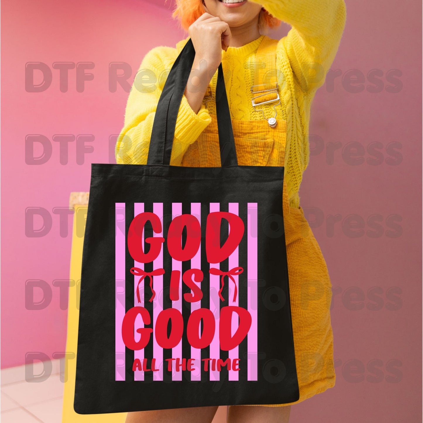 Christian DTF Transfer Ready to Press God Is Good All The Time Pink Striped Coquette Bow Heat Transfer Shirts Faith Vibe Clothing