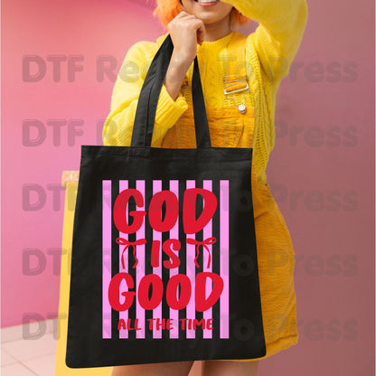Christian DTF Transfer Ready to Press God Is Good All The Time Pink Striped Coquette Bow Heat Transfer Shirts Faith Vibe Clothing