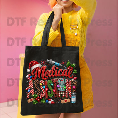 Christmas Medical Assistant DTF Transfers, Healthcare Scrubs Syringe Holiday Ready to Press