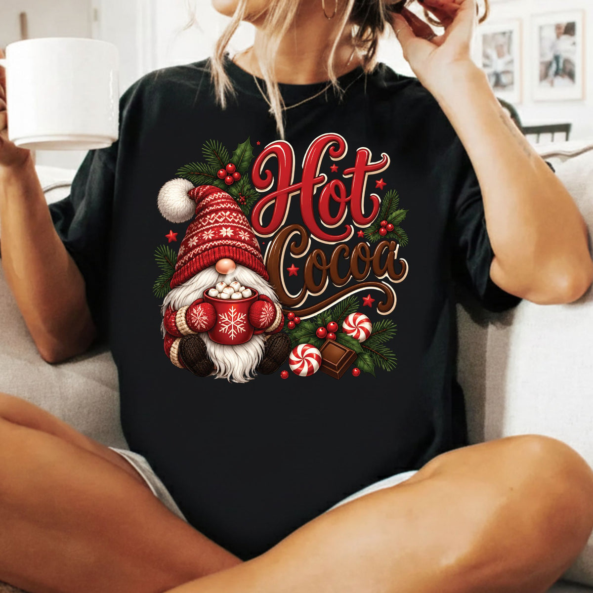 Christmas Gnome T-Shirt, Hot Cocoa Peppermint and Holly Graphic Tee, Cute Holiday Shirt
