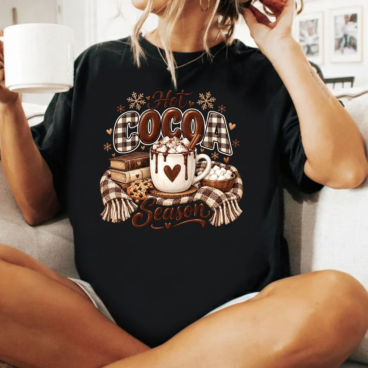 Hot Cocoa Season T-Shirt, Books and Cookies Christmas Tee, Cozy Winter Sweatshirt