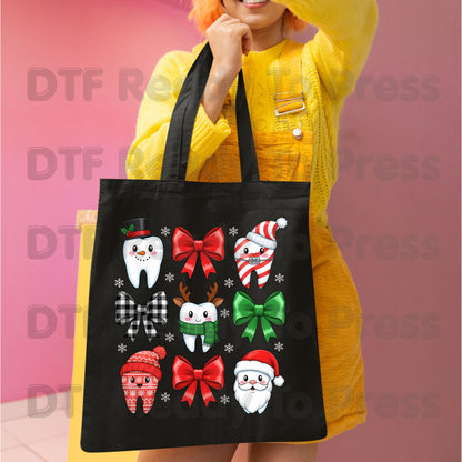 Christmas Dental Squad DTF Transfers, Dental Teeth Bow Santa Reindeer Holiday Ready to Press
