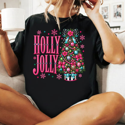 Pink Christmas Tree T-Shirt, Holly Jolly Bow and Snowflake Graphic Tee, Cute Holiday Shirt
