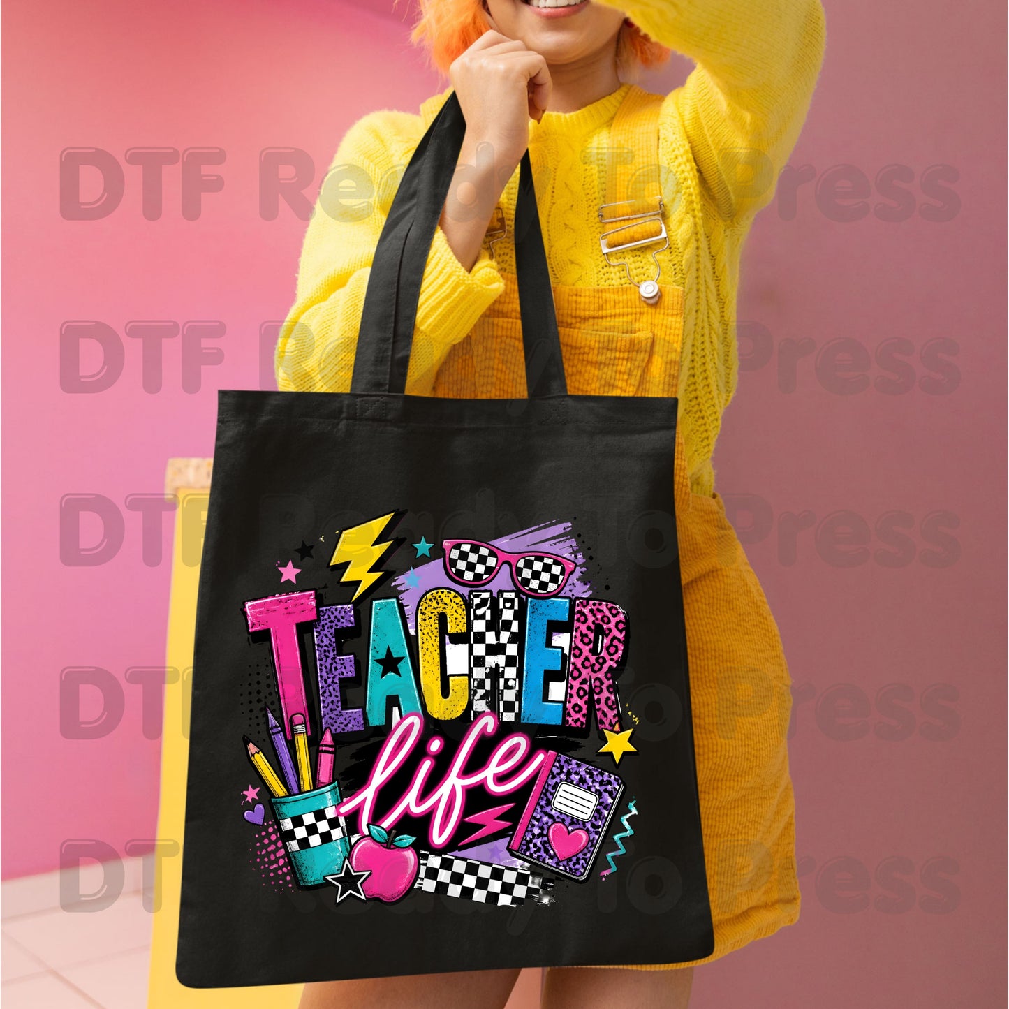 Retro Neon Teacher Life DTF Transfers, Colorful Doodle Graffiti Checkerboard Sunglasses Back to School Ready to Press
