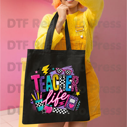 Retro Neon Teacher Life DTF Transfers, Colorful Doodle Graffiti Checkerboard Sunglasses Back to School Ready to Press
