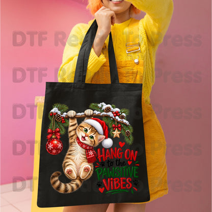 Christmas Cat DTF Transfers, Cute Kitten Santa Hat Hang On Pawsitive Vibes Holiday Ready to Press