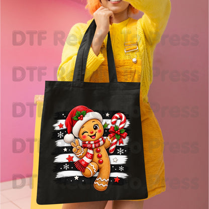 Gingerbread Man DTF Transfers, Candy Cane Santa Hat Black White Stripes Cute Christmas Ready to Press