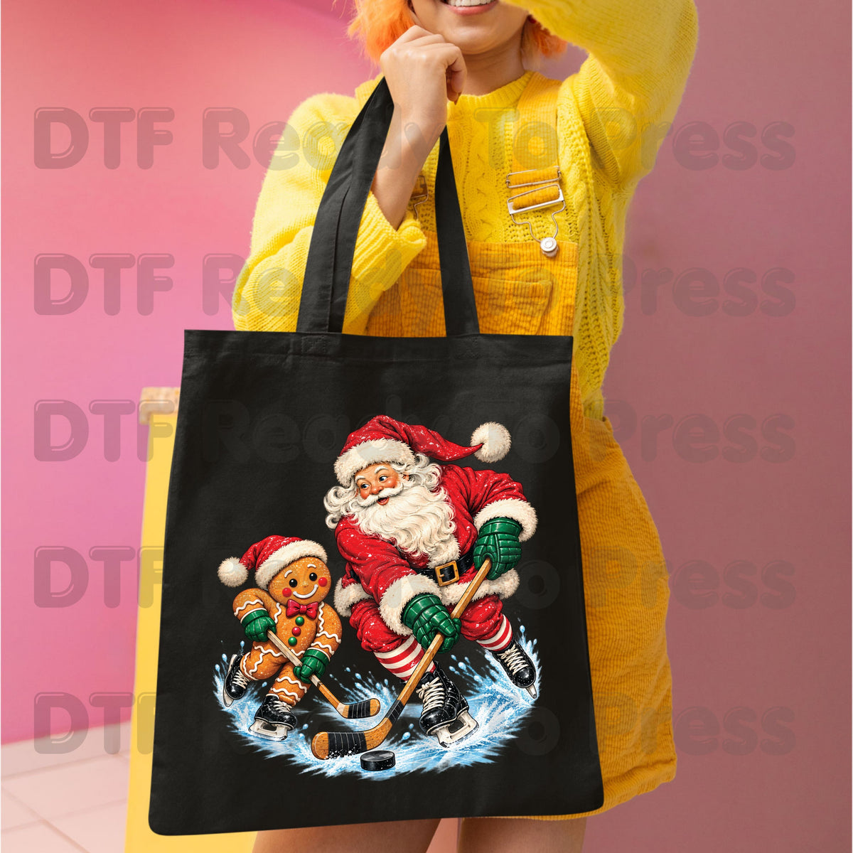 Christmas DTF Transfer, Santa and Gingerbread Man Playing Hockey, Holiday Sports Graphic