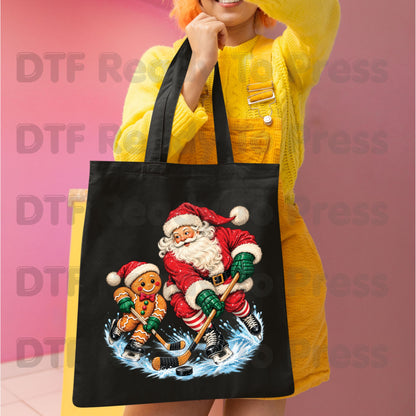 Christmas DTF Transfer, Santa and Gingerbread Man Playing Hockey, Holiday Sports Graphic