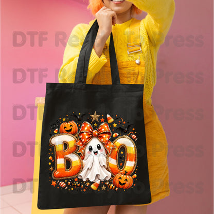 Halloween DTF Transfers, Boo Ghost Orange Bow Candy Corn Pumpkin Spooky Season Ready to Press
