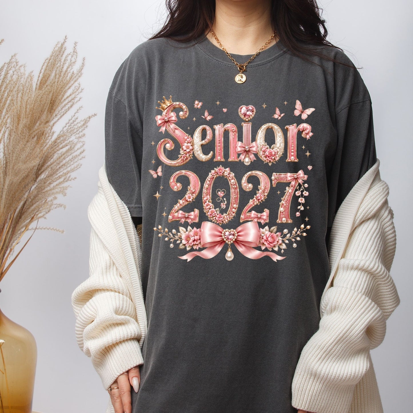 Senior 2027 DTF Transfer Ready to Press Graduation Heat Transfer for Shirts Pink Pearl Bow Coquette Flowers Butterflies Tee