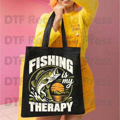 Fishing DTF Transfer, Fishing Is My Therapy, Bass Sunset Outdoors Graphic