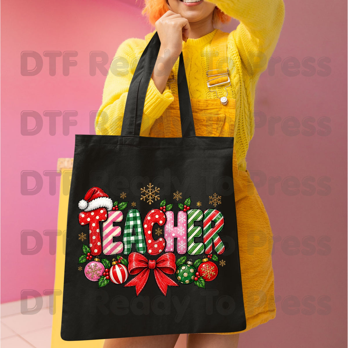 hristmas Teacher DTF Transfers, Holiday School Bow Ornaments Santa Hat Graphic Ready to Press