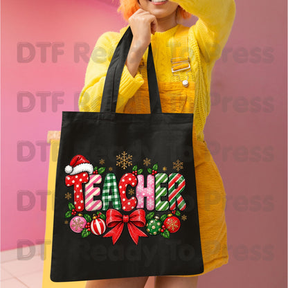 hristmas Teacher DTF Transfers, Holiday School Bow Ornaments Santa Hat Graphic Ready to Press