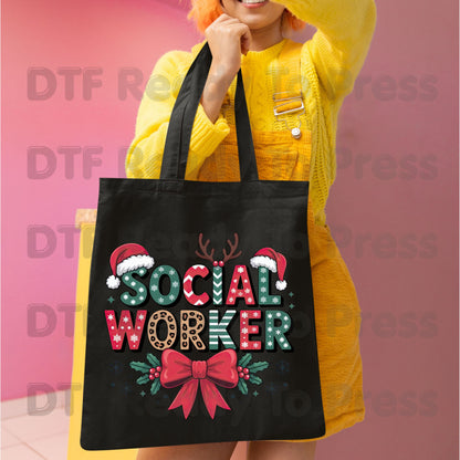 Christmas Social Worker DTF Transfers, Holiday Santa Hat Leopard Bow Social Work Ready to Press