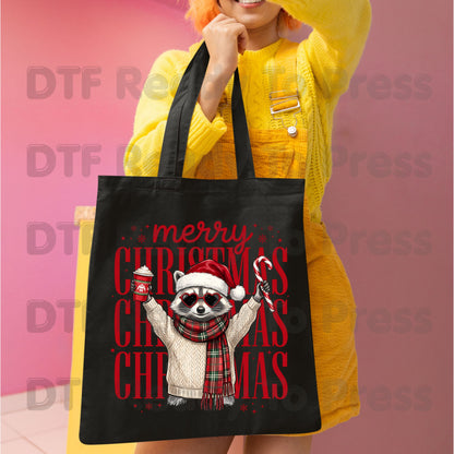 Merry Christmas Raccoon DTF Transfers, Coffee Candy Cane Festive Holiday Ready to Press