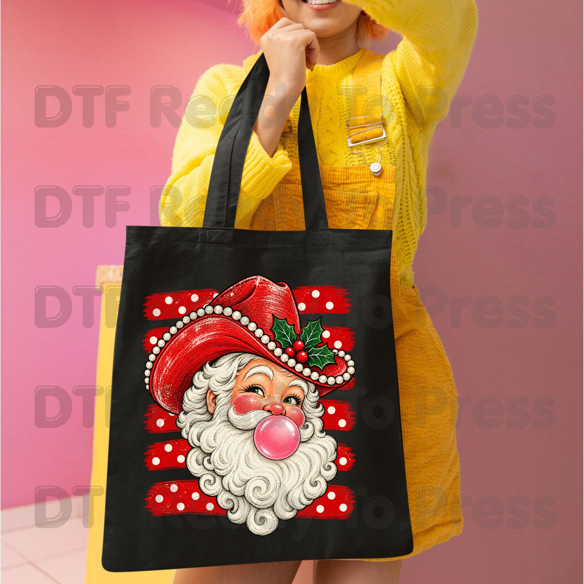 Western Santa DTF Transfers, Christmas Cowboy Hat Bubblegum Pink Vintage Holiday Ready to Press