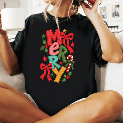 Merry Christmas T-Shirt, Colorful Lettering Red Bow Tee, Candy Cane Holiday Sweatshirt