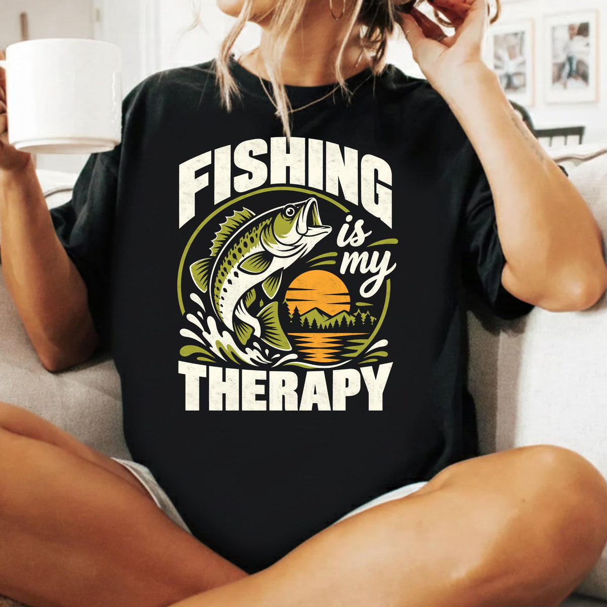 Fishing Is My Therapy T-Shirt, Bass Fish Sunset Graphic Tee, Outdoor Fishing Shirt, Fisherman Gift