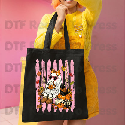 Halloween Ghost DTF Transfer Ready to Press Pink Cute Ghost Swing Heat Transfer For Shirts Spooky Vibes Pumpkin Spice Black Cat Autumn