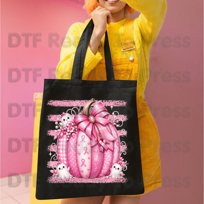 Pink Pumpkin Breast Cancer Awareness DTF Transfer Ready to Press Heat Transfer Spooky Ghost Bow Tee