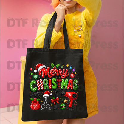 Merry Christmas Hairstylist DTF Transfers, Salon Holiday Scissors Hair Dryer Hairdresser Ready to Press