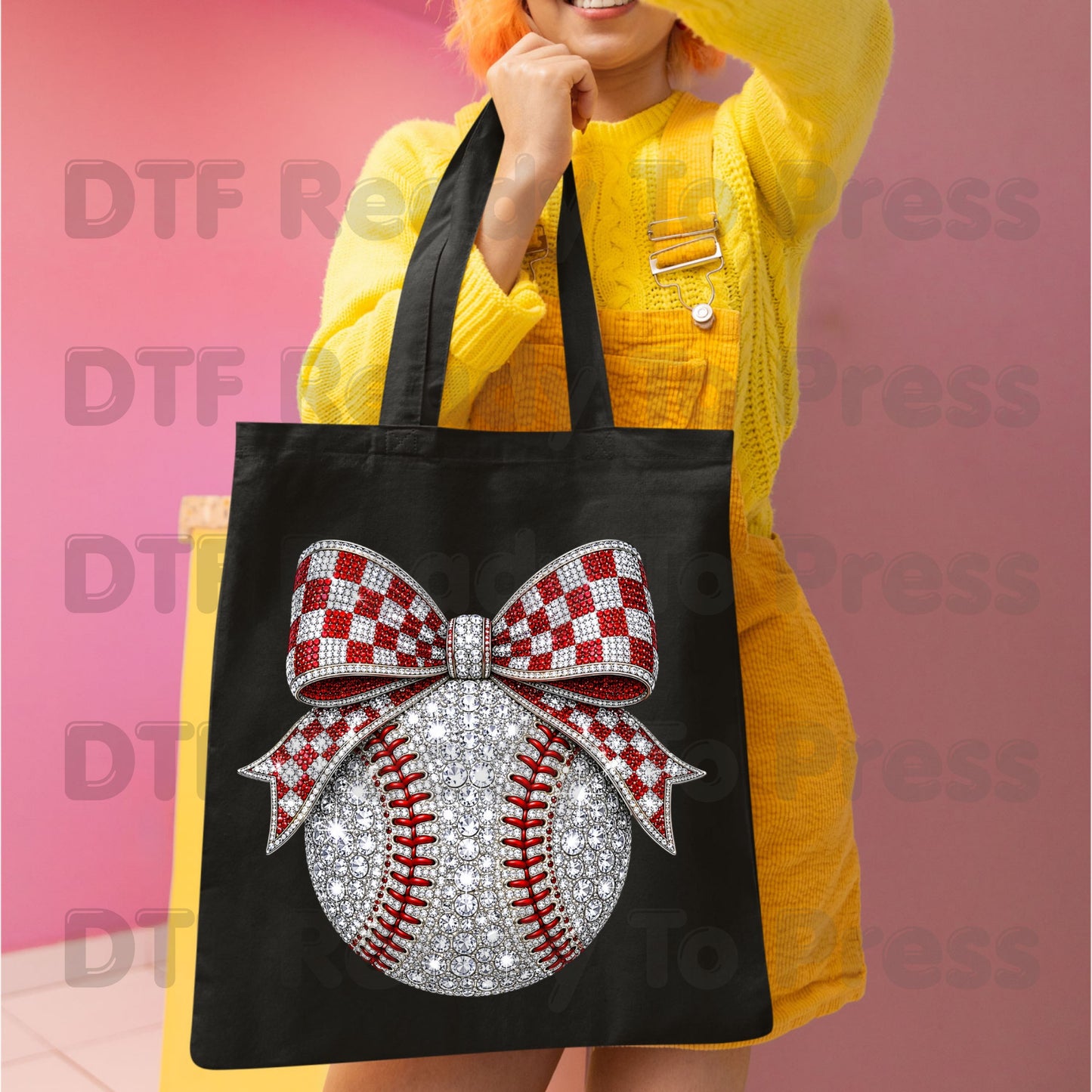 Coquette Baseball DTF Transfers, Sparkle Baseball Red Checkered Bow Sports Mom Girl Ready to Press