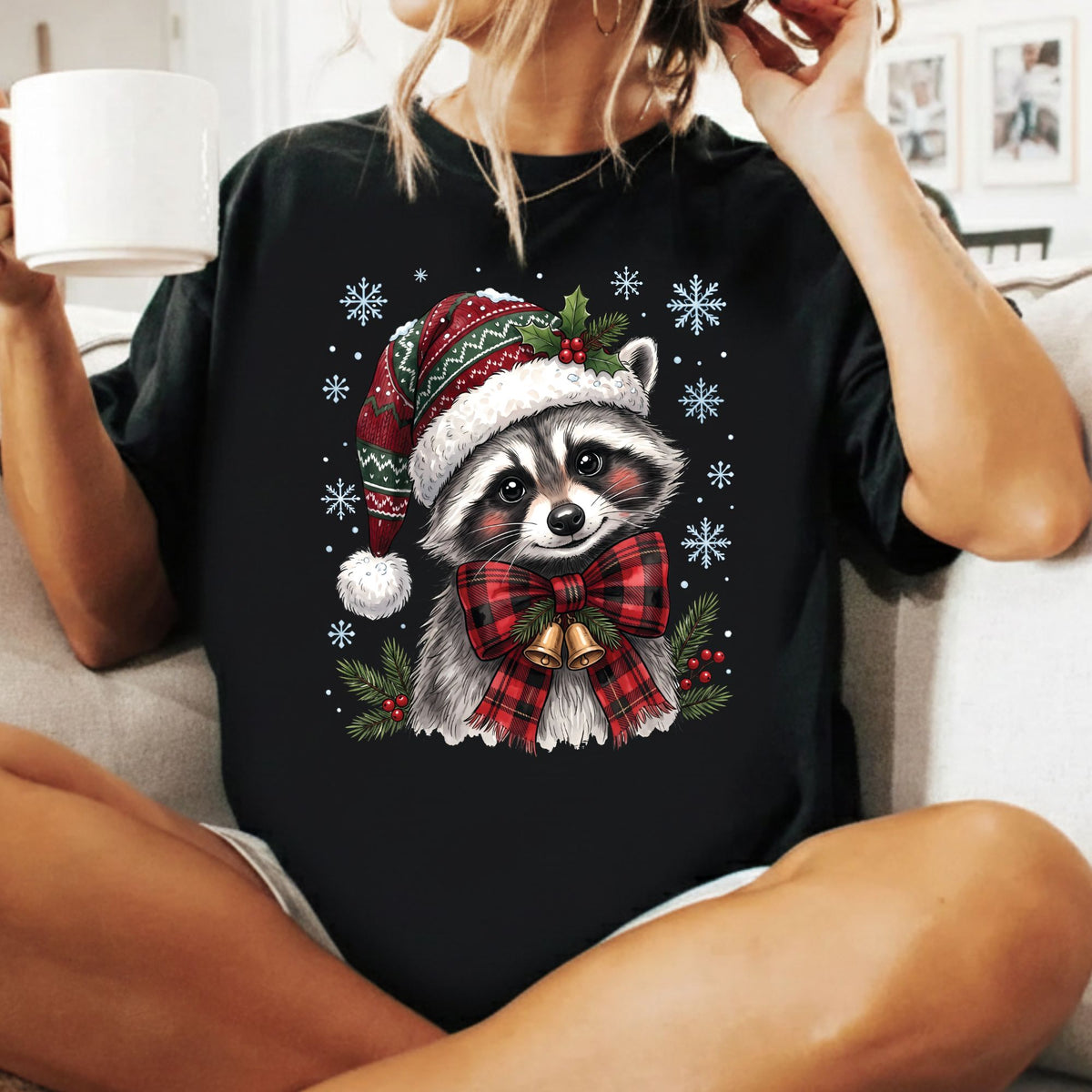 Christmas Raccoon T-Shirt, Santa Hat Buffalo Plaid Bow and Bells Tee, Festive Holiday Sweatshirt