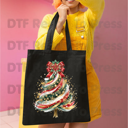 Christmas Tree DTF Transfers, Elegant Ribbon Bow Gold Glitter Holiday Ready to Press